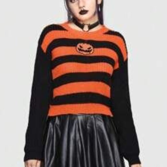 Halloween Black & Orange pumpkin jack-o-lantern S crop sweater nwt - Picture 1 of 7